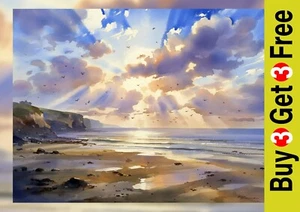 Golden Coastal Sunrise Painting Print 5"x7" on Matte Paper | Tranquil Seascape - Picture 1 of 17