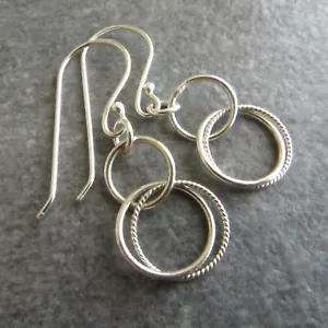 Handmade 925 Silver Circle Earrings Double Twisted Rings Lightweight Dangles - Picture 1 of 7