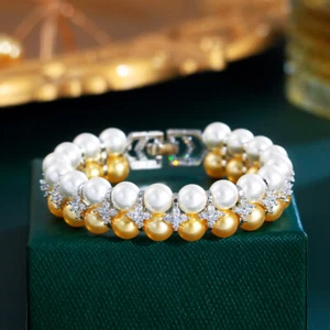 Gold Double Layered Wide Pearl Bracelet Cubic Zirconia Fashion Brand CZ Jewelry - Bild 1 von 24