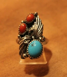 Floraler Navajo Damen Ring mit 2 Korallen + 1 Türkis, Silber, Indianerschmuck - Bild 1 von 5