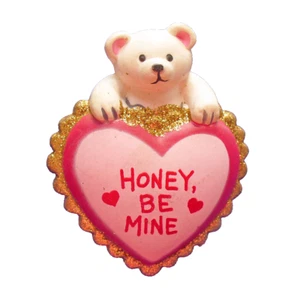 Fun World PIN Valentines Vtg POLAR BEAR HEART HONEY Be MINE GLITTER 1980s Brooch - Picture 1 of 2