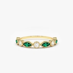 14k Gelbgold Natürlicher Smaragd Und Diamanten Halb Ewigkeit Milgrain Braut Ring - Bild 1 von 5