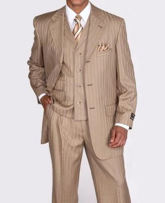 New Men's 3 piece Wool Feel Elegant and Classic Stripes Suit Tan 5267 - Image 1 of 3