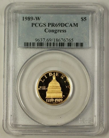 1989-W $5 Congress Commemorative Gold Coin PCGS PR-69 DCAM Deep Cameo B Cover