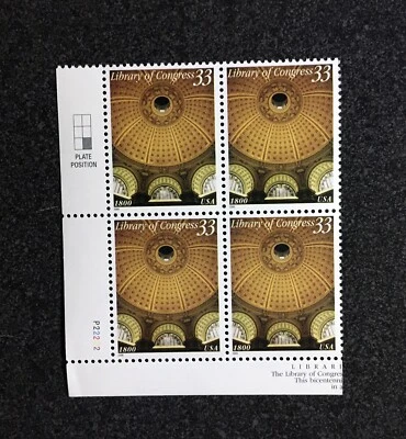 2000USA #3390 33c Library of Congress - Plate Block of 4 (#P22222)   Mint - Image 1 of 2