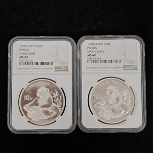 Small & Large Date - 1998 China 10 Yuan 1oz Panda Silver Coin NGC MS69 - Picture 1 of 2
