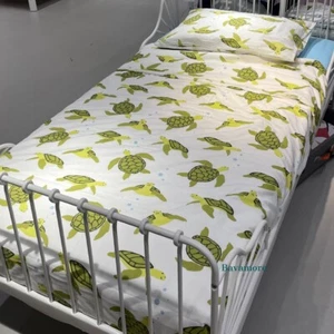 Ikea BLÅVINGAD Duvet cover and pillowcase, turtle pattern green/white, Twin - Picture 1 of 6