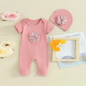 Toddler Baby Girl 3D Floral One Piece Overall Romper + Hat Long Sleeve Jumpsuit - Picture 1 of 10