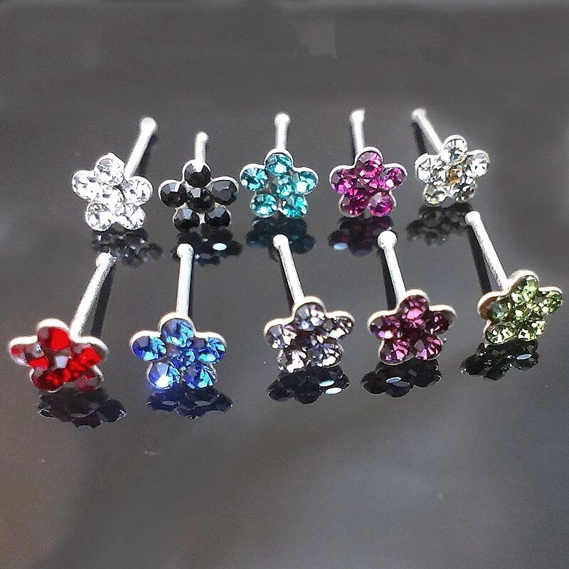 两 (2) 纯银水钻花鼻环 Targus 鱼叶耳钉 — 第 1/3 张图片