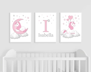 Unicorn Nursery Prints, Set of 3, Pink, Personalised Name Baby Girl Wall Art - Picture 1 of 9