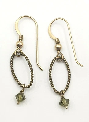 14K Gold Filled Rope Oval Small Hoop Drop Dangle Hook Earrings Faux Peridot Bead - Image 1 of 4