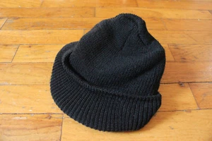 Vtg USA Black WOOL WATCH Cap w/ Bill Visor Knit Military Army Navy Hat Beanie - Picture 1 of 5