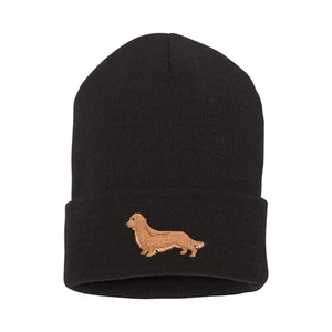 Langhaarige Dackel Hund bestickt schwarz Beanie Mütze, Stickerei Wintermütze - Bild 1 von 2