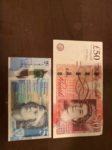 SCOTLAND 5 + 50 England POUND Banknotes. 55 Pounds Total. Cir Banknote. UK Dt - Picture 1 of 2