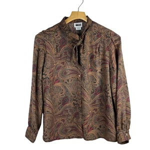 Vintage Leslie Fay braune Paisley Sekretär Bluse Ausschnitt Fliege Damen 12 Petite - Bild 1 von 10