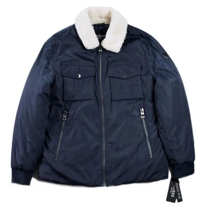 Guess Mens Jacket Coat M Quilted Insulated Trucker Style Sherpa Collar Navy $225 - Picture 1 of 8