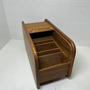 Vtg Teak-Tech Wood File Box Tambour Roll Top Desk Top Storage Organizer 11x6x4" - Picture 1 of 24