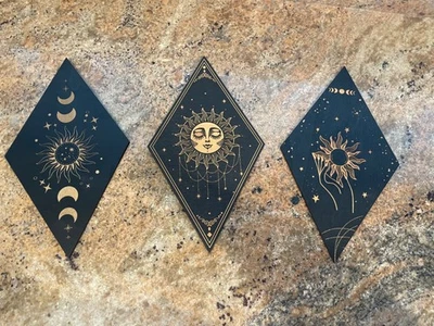 Madera Grabada Negro y Bronceado Luna y Sol Decoración Pared Pack de tres Arte Pared Foto 1 de 2