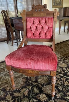 Antique Eastlake Victorian 19th Century Burl Walnut Tufted Side Chair - Image 1 of 4
