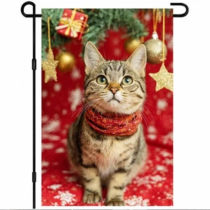 BlissYard Bandiera da Giardino di Natale 12x18 Pollici Benvenuto Tabby Gatto Bandiera da Esterno Dou... - Foto 1 di 7