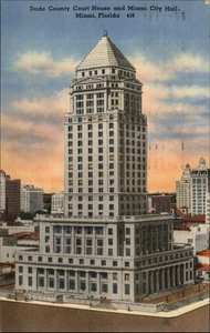 Miami Florida Rathaus Dade Co Court House Sonnenuntergang verschickt 1956 Leinen Postkarte - Bild 1 von 2