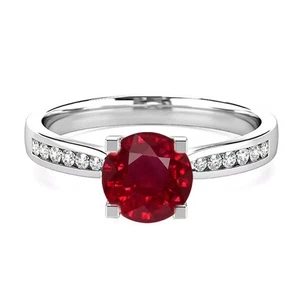 Certified Natural 2ct Round Red Ruby Solid 14K White Gold Solitaire Ring For Her - Picture 1 of 5