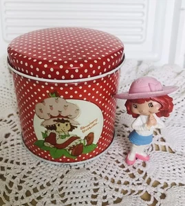 Strawberry Shortcake 1980s American Greetings Lidded Polka Dot Tin & 3” Figurine - Picture 1 of 15