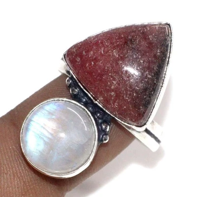 Increíble anillo enchapado en plata 925 piedra lunar arco iris rodonita EE. UU. 11 JW Foto 1 de 3