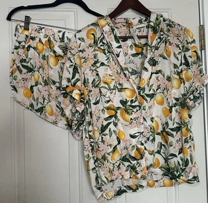 Anthropologie Pyjama Gr. L Set Zitrone Blumen Viskose Kurzarm Loungewear - Bild 1 von 9
