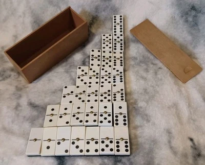 Vtg Brass Studded Bakelite Two Tone White / Black Dominoes With Box RARE - Image 1 of 4