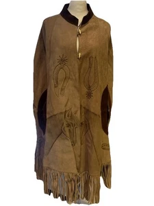 Vintage Tooled Suede Leather Poncho with Fringe Made In Mexico Western Horses - Afbeelding 1 van 11