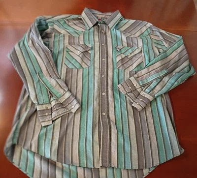 Ely Plains Pearl Snap Shirt Mens Large Green Striped Western Rodeo Vintage FLAWS - Image 1 of 4