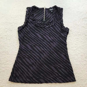 Allen B Tank Top L Purple Black Zebra Stripes Textured Ruffles Scoop Neck - Picture 1 of 7