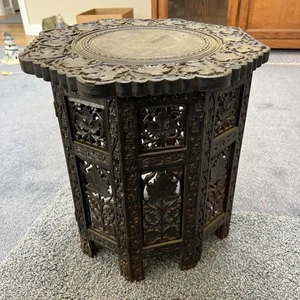 Antique Octagonal Anglo-Indian Folding Wood Side Table Carved Plant Stand Accent - Picture 1 of 16