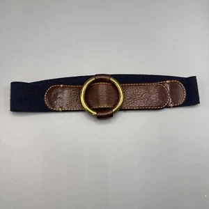 J Crew Genuine Leather Belt Brass Buckle Navy Blue Brown Stretchy Boho S/M Y2K - Picture 1 of 10