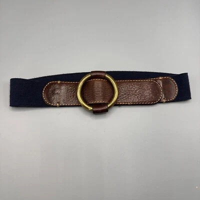 J Crew Genuine Leather Belt Brass Buckle Navy Blue Brown Stretchy Boho S/M Y2K - Image 1 of 4