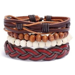 Neutral Brown Bead & Braid Weave Leather Bracelet Set - Picture 1 of 1