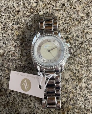 Adrienne Vittadini Silver Watch Mother Of Pearl Face Rhinestone Brand New w/Tags - Image 1 of 4