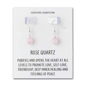 Rose Quartz Gemstone Round Drop Earrings with Quote Card - Picture 1 of 9