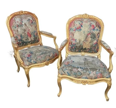 Pair of Large Louis XV Style Giltwood Fauteuil with Chinoiseries Tapestry Cover