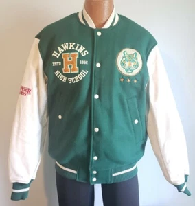 H&M Stranger Things Hawkins Tigers Dark Green Wool/Leather Sleeves Jacket M NWT - Picture 1 of 10