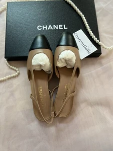 New CHANEL 🤎 23B Lambskin Dark Beige Black Slingbacks Low Heel Shoes Size 37.5 - Picture 1 of 4