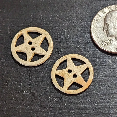 Pair of Antique Bone Circle w/ Star Inside Pentacle Buttons Cover