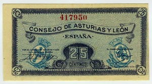 ☆ SPAIN CIVIL WAR 1937 •  25 CENT ASTURIAS Y LEON ☆ GUERRA CIVIL ESPAÑOLA ☆D0567 - Picture 1 of 2