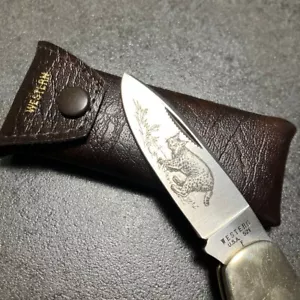 Western USA 521 Folding Knife with Sheath & Box Japan USED - Picture 1 of 7
