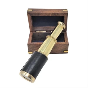 Antique Style Brass Telescope Brass Spy Glass Black Leather Wood Box Gift 6 in - Picture 1 of 10