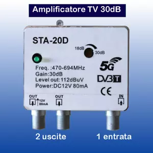 Amplificatore Segnale TV Antenna Digitale Terrestre da palo 30DB Filtro 5G 1in2o - Imagen 1 de 5