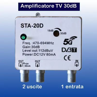 Amplificatore Segnale TV Antenna Digitale Terrestre da palo 30DB Filtro 5G 1in2o - Image 1 of 4