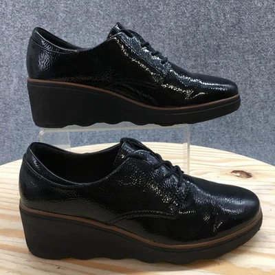 Clarks Shoes Womens 8 M Mazy Hyannis Wedge Oxford 26154849 Black Patent Leather - Image 1 of 4