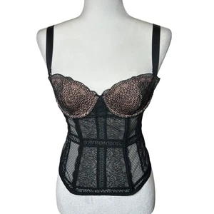 Victorias Secret Bustier Corset Top Lace Lingerie Black Beige 32C Sheer Boning - Picture 1 of 5